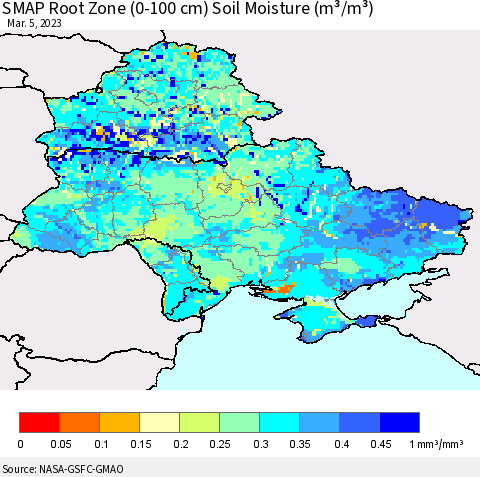 Ukraine, Moldova and Belarus SMAP Root Zone (0-100 cm) Soil Moisture (m³/m³) Thematic Map For 3/1/2023 - 3/5/2023