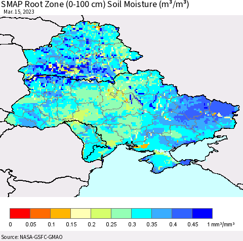 Ukraine, Moldova and Belarus SMAP Root Zone (0-100 cm) Soil Moisture (m³/m³) Thematic Map For 3/11/2023 - 3/15/2023