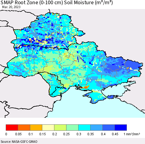 Ukraine, Moldova and Belarus SMAP Root Zone (0-100 cm) Soil Moisture (m³/m³) Thematic Map For 3/16/2023 - 3/20/2023