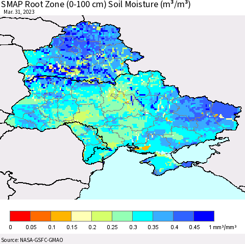 Ukraine, Moldova and Belarus SMAP Root Zone (0-100 cm) Soil Moisture (m³/m³) Thematic Map For 3/26/2023 - 3/31/2023