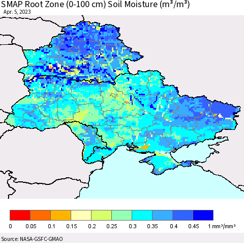 Ukraine, Moldova and Belarus SMAP Root Zone (0-100 cm) Soil Moisture (m³/m³) Thematic Map For 4/1/2023 - 4/5/2023