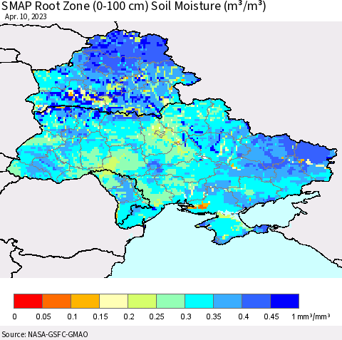 Ukraine, Moldova and Belarus SMAP Root Zone (0-100 cm) Soil Moisture (m³/m³) Thematic Map For 4/6/2023 - 4/10/2023