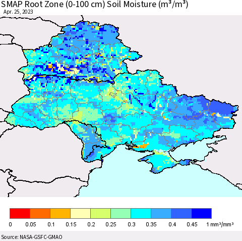 Ukraine, Moldova and Belarus SMAP Root Zone (0-100 cm) Soil Moisture (m³/m³) Thematic Map For 4/21/2023 - 4/25/2023