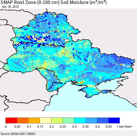 Ukraine, Moldova and Belarus SMAP Root Zone (0-100 cm) Soil Moisture (m³/m³) Thematic Map For 4/26/2023 - 4/30/2023