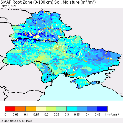 Ukraine, Moldova and Belarus SMAP Root Zone (0-100 cm) Soil Moisture (m³/m³) Thematic Map For 5/1/2023 - 5/5/2023