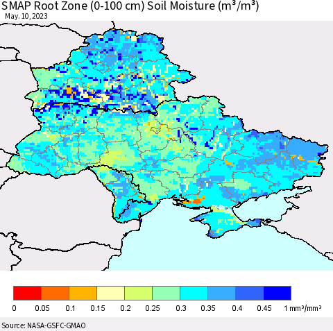 Ukraine, Moldova and Belarus SMAP Root Zone (0-100 cm) Soil Moisture (m³/m³) Thematic Map For 5/6/2023 - 5/10/2023