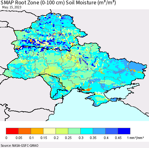 Ukraine, Moldova and Belarus SMAP Root Zone (0-100 cm) Soil Moisture (m³/m³) Thematic Map For 5/11/2023 - 5/15/2023