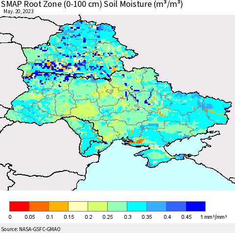 Ukraine, Moldova and Belarus SMAP Root Zone (0-100 cm) Soil Moisture (m³/m³) Thematic Map For 5/16/2023 - 5/20/2023
