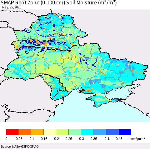 Ukraine, Moldova and Belarus SMAP Root Zone (0-100 cm) Soil Moisture (m³/m³) Thematic Map For 5/21/2023 - 5/25/2023
