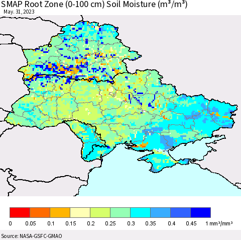Ukraine, Moldova and Belarus SMAP Root Zone (0-100 cm) Soil Moisture (m³/m³) Thematic Map For 5/26/2023 - 5/31/2023