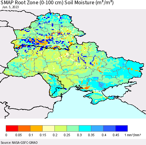 Ukraine, Moldova and Belarus SMAP Root Zone (0-100 cm) Soil Moisture (m³/m³) Thematic Map For 6/1/2023 - 6/5/2023