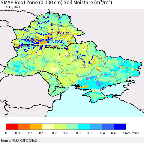 Ukraine, Moldova and Belarus SMAP Root Zone (0-100 cm) Soil Moisture (m³/m³) Thematic Map For 6/11/2023 - 6/15/2023