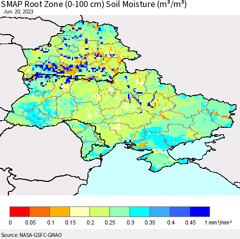 Ukraine, Moldova and Belarus SMAP Root Zone (0-100 cm) Soil Moisture (m³/m³) Thematic Map For 6/16/2023 - 6/20/2023