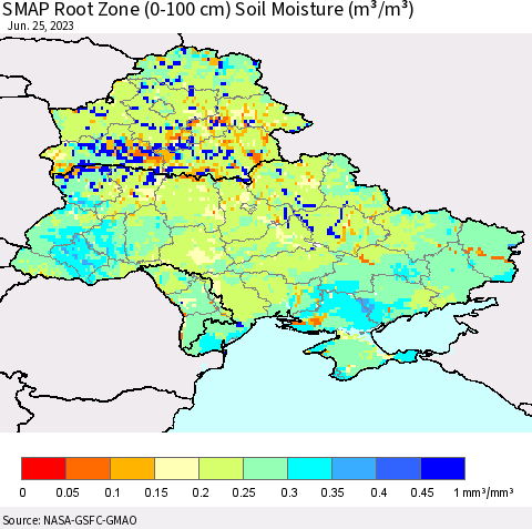 Ukraine, Moldova and Belarus SMAP Root Zone (0-100 cm) Soil Moisture (m³/m³) Thematic Map For 6/21/2023 - 6/25/2023