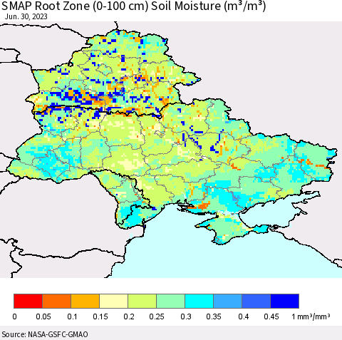 Ukraine, Moldova and Belarus SMAP Root Zone (0-100 cm) Soil Moisture (m³/m³) Thematic Map For 6/26/2023 - 6/30/2023