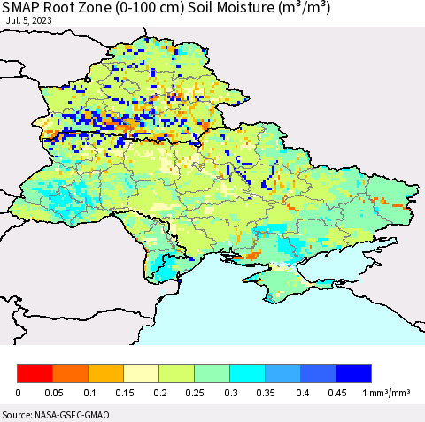 Ukraine, Moldova and Belarus SMAP Root Zone (0-100 cm) Soil Moisture (m³/m³) Thematic Map For 7/1/2023 - 7/5/2023