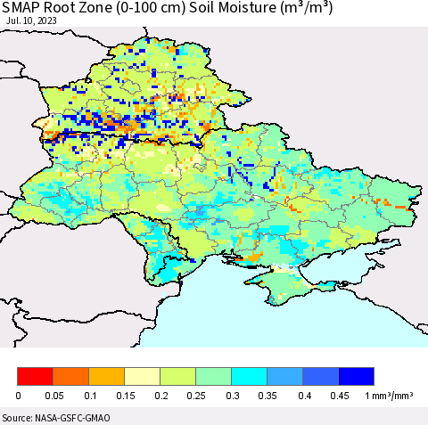 Ukraine, Moldova and Belarus SMAP Root Zone (0-100 cm) Soil Moisture (m³/m³) Thematic Map For 7/6/2023 - 7/10/2023
