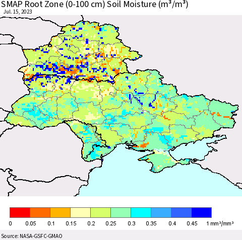 Ukraine, Moldova and Belarus SMAP Root Zone (0-100 cm) Soil Moisture (m³/m³) Thematic Map For 7/11/2023 - 7/15/2023