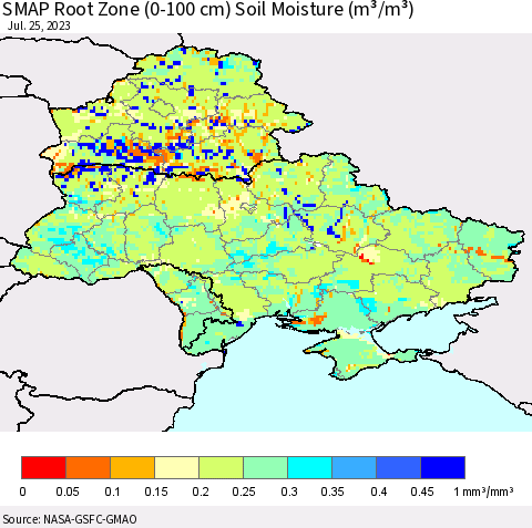 Ukraine, Moldova and Belarus SMAP Root Zone (0-100 cm) Soil Moisture (m³/m³) Thematic Map For 7/21/2023 - 7/25/2023