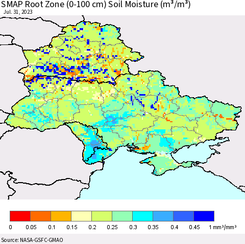 Ukraine, Moldova and Belarus SMAP Root Zone (0-100 cm) Soil Moisture (m³/m³) Thematic Map For 7/26/2023 - 7/31/2023