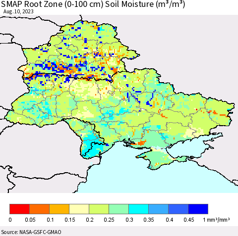 Ukraine, Moldova and Belarus SMAP Root Zone (0-100 cm) Soil Moisture (m³/m³) Thematic Map For 8/6/2023 - 8/10/2023