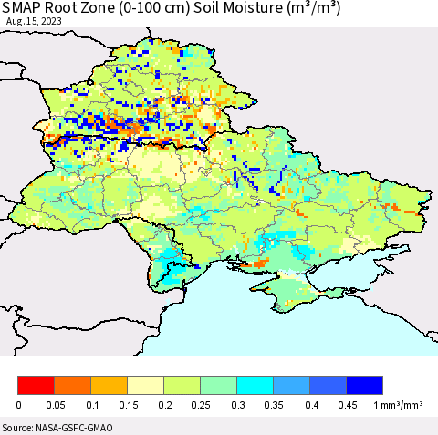 Ukraine, Moldova and Belarus SMAP Root Zone (0-100 cm) Soil Moisture (m³/m³) Thematic Map For 8/11/2023 - 8/15/2023