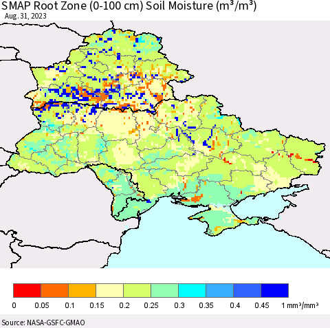 Ukraine, Moldova and Belarus SMAP Root Zone (0-100 cm) Soil Moisture (m³/m³) Thematic Map For 8/26/2023 - 8/31/2023