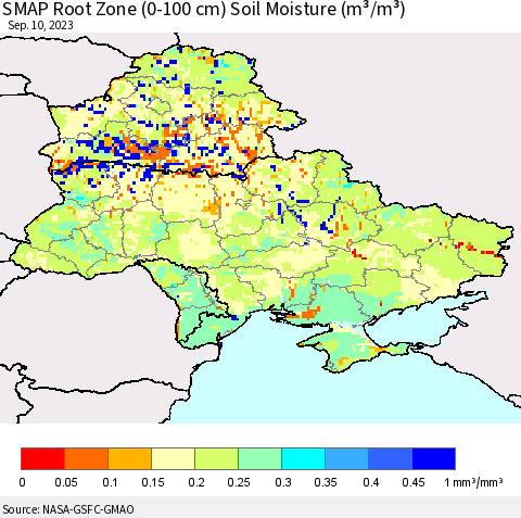 Ukraine, Moldova and Belarus SMAP Root Zone (0-100 cm) Soil Moisture (m³/m³) Thematic Map For 9/6/2023 - 9/10/2023