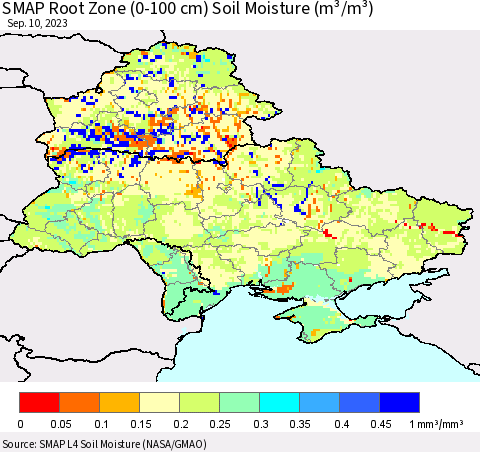 Ukraine, Moldova and Belarus SMAP Root Zone (0-100 cm) Soil Moisture (m³/m³) Thematic Map For 9/6/2023 - 9/10/2023