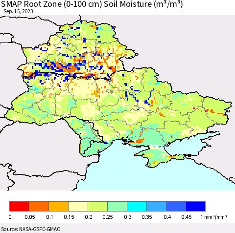Ukraine, Moldova and Belarus SMAP Root Zone (0-100 cm) Soil Moisture (m³/m³) Thematic Map For 9/11/2023 - 9/15/2023