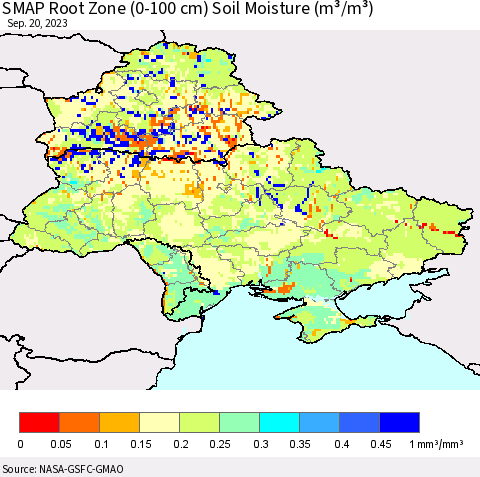 Ukraine, Moldova and Belarus SMAP Root Zone (0-100 cm) Soil Moisture (m³/m³) Thematic Map For 9/16/2023 - 9/20/2023