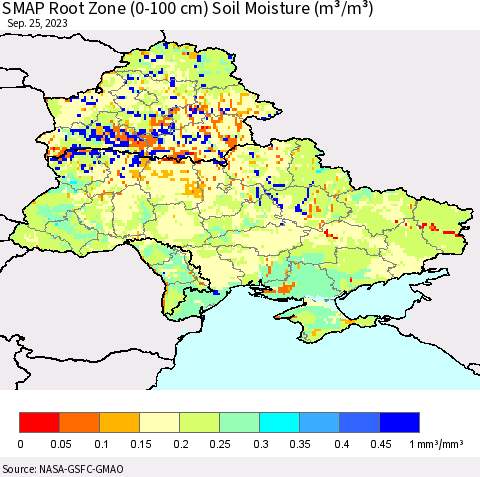 Ukraine, Moldova and Belarus SMAP Root Zone (0-100 cm) Soil Moisture (m³/m³) Thematic Map For 9/21/2023 - 9/25/2023