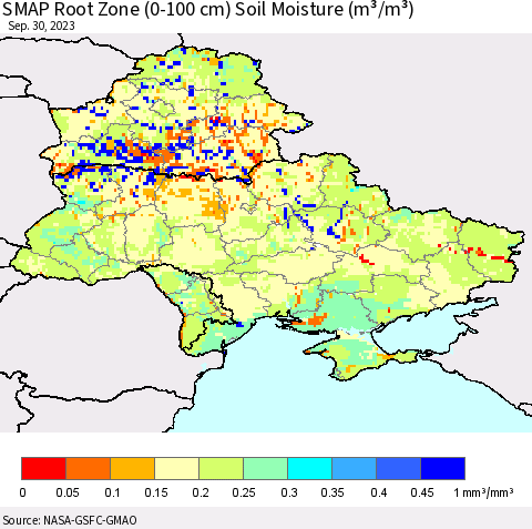 Ukraine, Moldova and Belarus SMAP Root Zone (0-100 cm) Soil Moisture (m³/m³) Thematic Map For 9/26/2023 - 9/30/2023