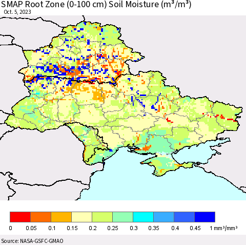 Ukraine, Moldova and Belarus SMAP Root Zone (0-100 cm) Soil Moisture (m³/m³) Thematic Map For 10/1/2023 - 10/5/2023