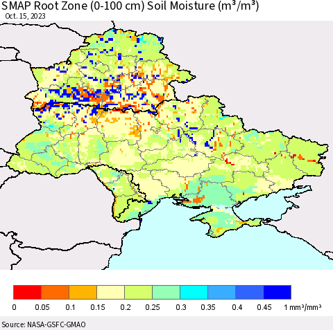 Ukraine, Moldova and Belarus SMAP Root Zone (0-100 cm) Soil Moisture (m³/m³) Thematic Map For 10/11/2023 - 10/15/2023