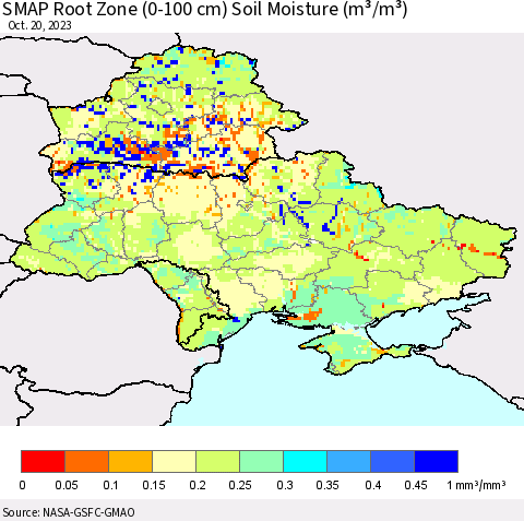 Ukraine, Moldova and Belarus SMAP Root Zone (0-100 cm) Soil Moisture (m³/m³) Thematic Map For 10/16/2023 - 10/20/2023