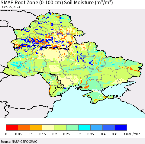 Ukraine, Moldova and Belarus SMAP Root Zone (0-100 cm) Soil Moisture (m³/m³) Thematic Map For 10/21/2023 - 10/25/2023