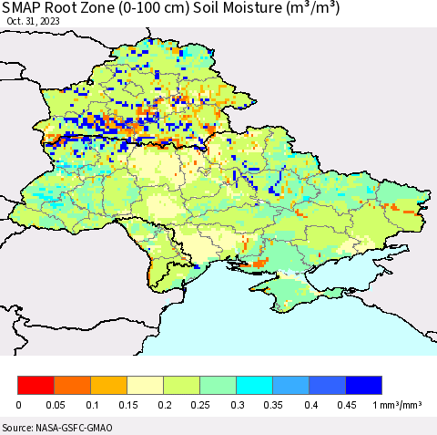 Ukraine, Moldova and Belarus SMAP Root Zone (0-100 cm) Soil Moisture (m³/m³) Thematic Map For 10/26/2023 - 10/31/2023