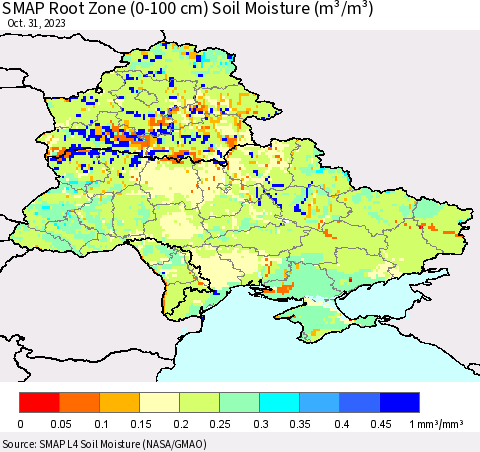 Ukraine, Moldova and Belarus SMAP Root Zone (0-100 cm) Soil Moisture (m³/m³) Thematic Map For 10/26/2023 - 10/31/2023