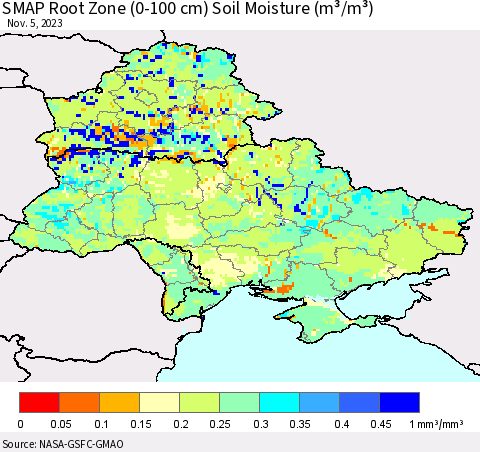 Ukraine, Moldova and Belarus SMAP Root Zone (0-100 cm) Soil Moisture (m³/m³) Thematic Map For 11/1/2023 - 11/5/2023