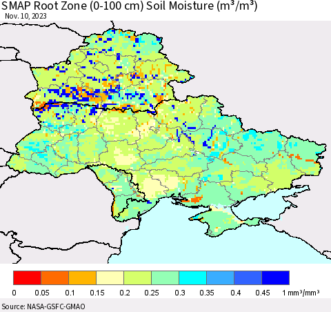 Ukraine, Moldova and Belarus SMAP Root Zone (0-100 cm) Soil Moisture (m³/m³) Thematic Map For 11/6/2023 - 11/10/2023