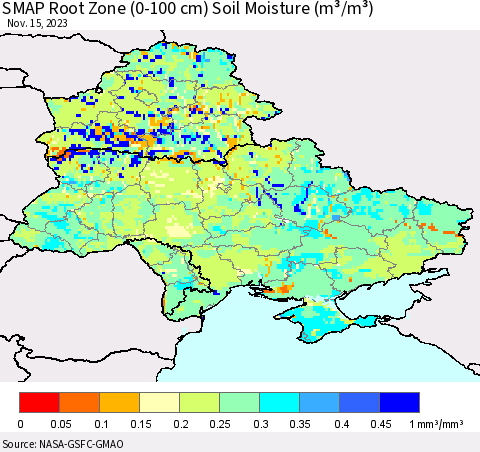 Ukraine, Moldova and Belarus SMAP Root Zone (0-100 cm) Soil Moisture (m³/m³) Thematic Map For 11/11/2023 - 11/15/2023