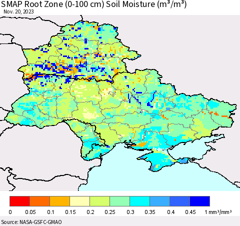 Ukraine, Moldova and Belarus SMAP Root Zone (0-100 cm) Soil Moisture (m³/m³) Thematic Map For 11/16/2023 - 11/20/2023