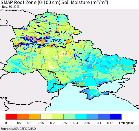 Ukraine, Moldova and Belarus SMAP Root Zone (0-100 cm) Soil Moisture (m³/m³) Thematic Map For 11/26/2023 - 11/30/2023