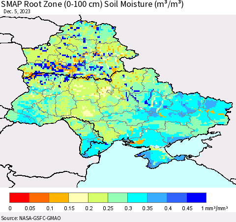 Ukraine, Moldova and Belarus SMAP Root Zone (0-100 cm) Soil Moisture (m³/m³) Thematic Map For 12/1/2023 - 12/5/2023