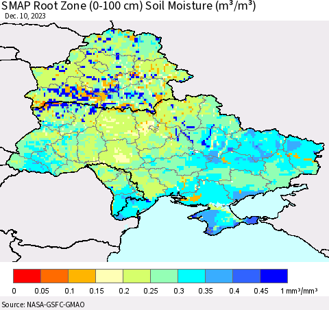 Ukraine, Moldova and Belarus SMAP Root Zone (0-100 cm) Soil Moisture (m³/m³) Thematic Map For 12/6/2023 - 12/10/2023