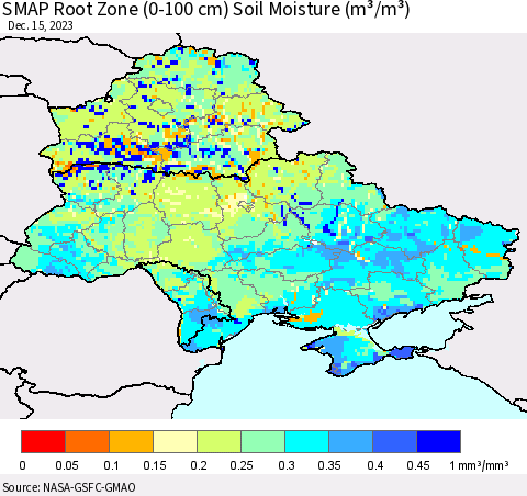 Ukraine, Moldova and Belarus SMAP Root Zone (0-100 cm) Soil Moisture (m³/m³) Thematic Map For 12/11/2023 - 12/15/2023