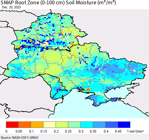 Ukraine, Moldova and Belarus SMAP Root Zone (0-100 cm) Soil Moisture (m³/m³) Thematic Map For 12/16/2023 - 12/20/2023
