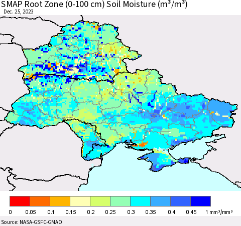 Ukraine, Moldova and Belarus SMAP Root Zone (0-100 cm) Soil Moisture (m³/m³) Thematic Map For 12/21/2023 - 12/25/2023