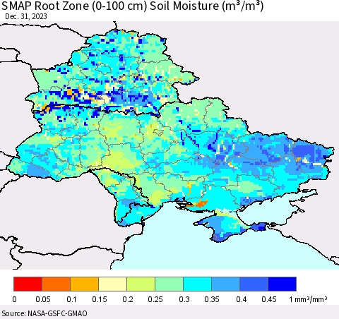 Ukraine, Moldova and Belarus SMAP Root Zone (0-100 cm) Soil Moisture (m³/m³) Thematic Map For 12/26/2023 - 12/31/2023